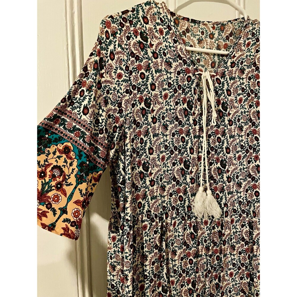 Boho Floral Dress, Tassel Tie V-Neck, Teal & Rust Print, Bell Sleeves, Size L